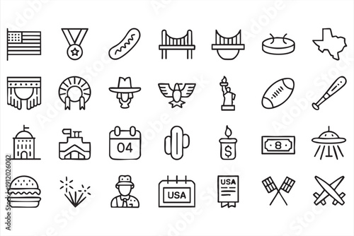 American patriotic outline icons with flag statue and landmarks