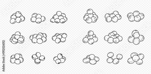 Set of black and white hand-drawn caviar, fish eggs, and tapioca pearls in various arrangements.