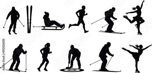Professional black silhouettes of various winter sports activities including skiing, snowboarding, ice skating, sledding, and curling for seasonal outdoor recreation and cold weather concepts.