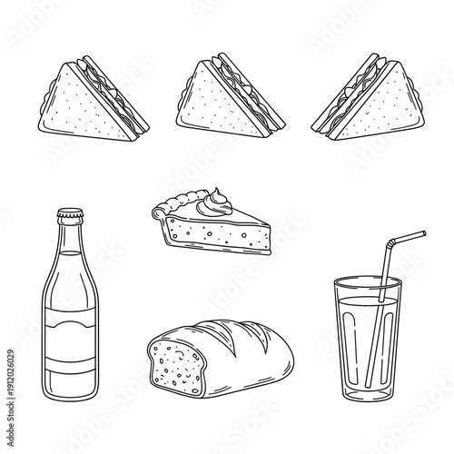 Set of Bread Sandwiches and Beverage Outlines