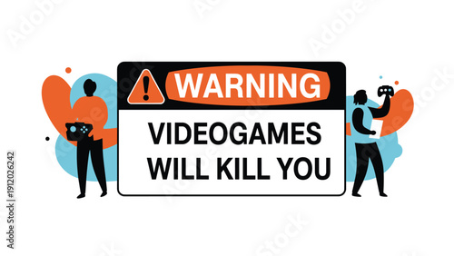 Cautionary graphic showing a warning sign that states video games will kill you flanked by silhouettes of people playing.