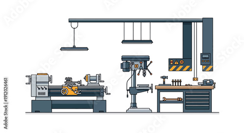 A detailed illustration of a workshop featuring a lathe, a drill press, and a workbench with tools.