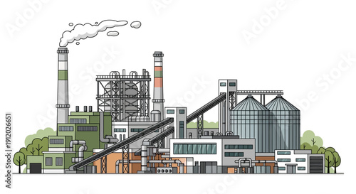 A detailed illustration of a large industrial factory complex with multiple buildings, smokestacks emitting smoke, and storage silos.