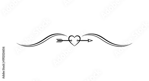 Heart pierced by arrow with feathers and line on transparent background symbolizing love and passion
