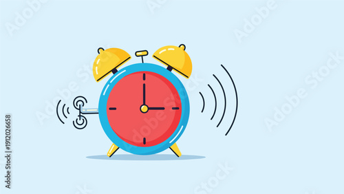 Colorful illustration of a blue alarm clock with red face and yellow bells ringing loudly on a light blue background.