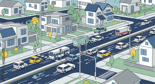 Suburban Street with Traffic and Houses.