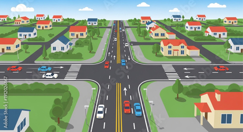 Suburban Street with Traffic and Houses.