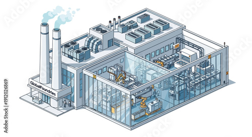 Isometric illustration of a modern industrial factory building with a cutaway view revealing internal machinery and processes.