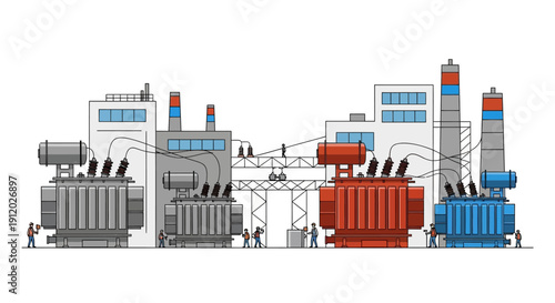 Illustration of a power substation with large transformers and industrial buildings, featuring workers performing maintenance tasks.