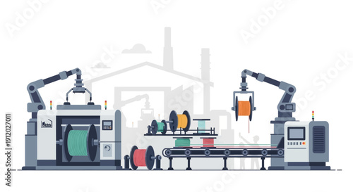 Automated industrial manufacturing line with robotic arms and spools of wire.