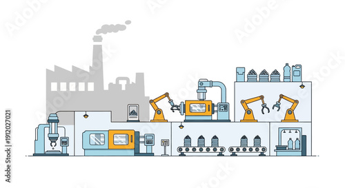 Automated industrial manufacturing process with robotic arms and machinery on a factory production line.