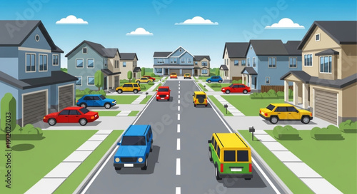 Suburban Street with Vehicles and Houses.