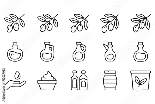 Olive oil outline icons with bottles and organic products