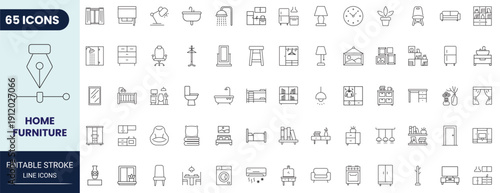 Home furniture icon set in outline style. Collection of sofa, chair, table, bed, cabinet, and interior furnishing symbols for residential living space concepts. Editable stroke vector illustration.