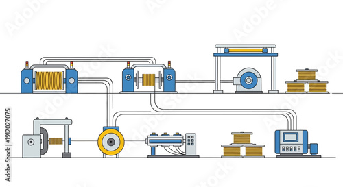 Automated industrial manufacturing process with interconnected machinery and conveyor systems for product assembly and packaging.