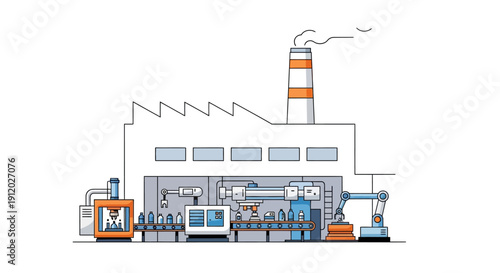 Automated factory production line with robotic arms and machinery, illustrating modern industrial processes.