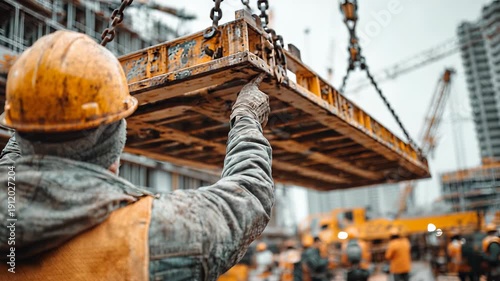 Wallpaper Mural Construction Worker Operating Crane Lifting Heavy Steel Beam on Job Site - Industrial Building Project Torontodigital.ca