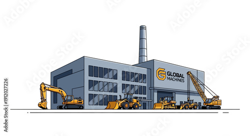 Illustration of a factory building with various heavy construction machinery parked outside.