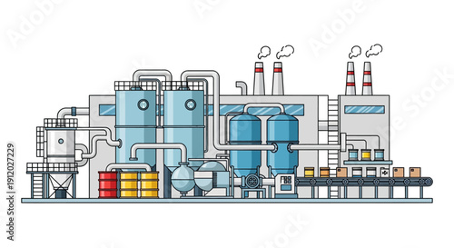 Illustration of a modern industrial factory with complex machinery, pipes, tanks, and a conveyor belt system.