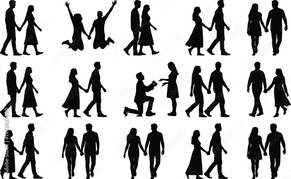 Fototapeta premium Romantic couple silhouettes walking, jumping, and proposing