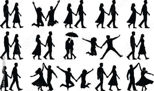 Silhouettes of couples in romantic poses, walking and holding hands.