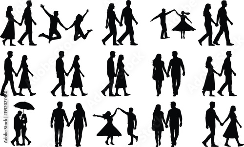 Silhouettes of couples in romantic poses, dancing and walking.