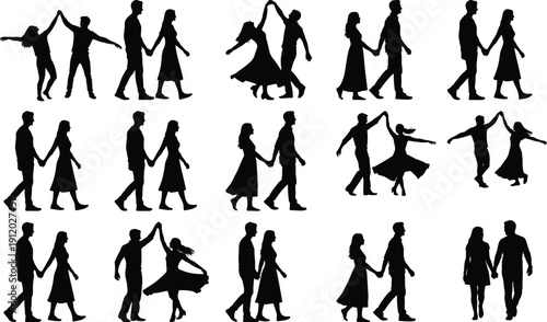 Couple silhouettes in romantic poses, dancing, walking, and holding hands.