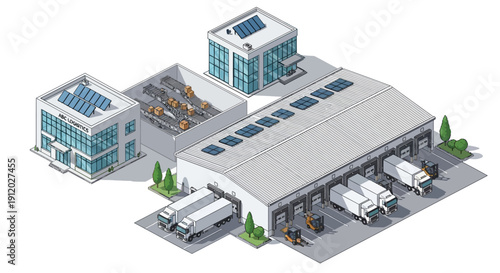 Isometric illustration of a modern logistics and distribution center with solar panels on the roofs and trucks at loading docks.