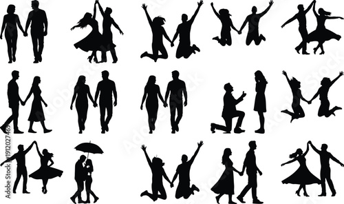 Couple silhouettes in romantic poses, jumping, proposing, and dancing.