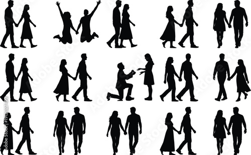 Romantic couple silhouettes walking, jumping, and proposing