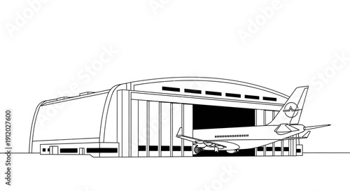 An airplane is parked inside a large hangar with its doors open, showcasing aviation infrastructure.