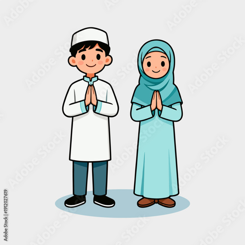 Cute Muslim Boy and Girl Greeting with Salam Gesture – Islamic Cartoon Illustration