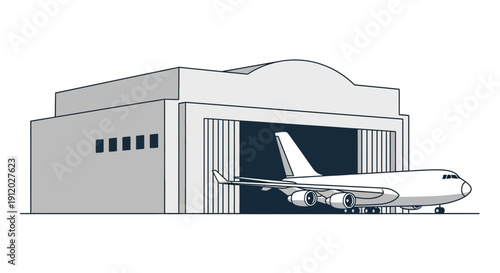 A large airplane is parked inside a modern hangar with its large doors open.