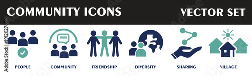 Community and Social Connection Symbol Set – 6 Detailed Multi-Color Graphics Representing People, Friendship, Diversity, Sharing, and Village Life