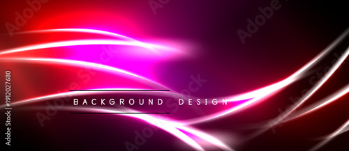 Abstract background features vibrant pink, red light streaks. Dynamic curves create modern design, dark backdrop enhances luminosity.