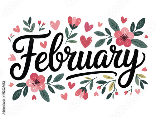 A beautiful floral illustration of the month February with hearts and flowers