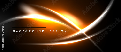 Abstract neon lines create dynamic background. Orange, white glow contrasts dark space. Modern design element for digital projects.