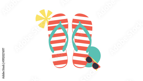 Summertime graphic featuring red and white striped flip flops, a wide-brimmed hat, and dark sunglasses.