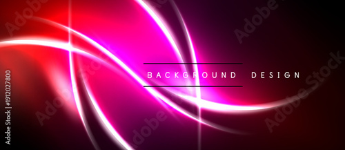 Abstract neon lines create dynamic pink, red glow. Dark background emphasizes bright curves, modern design elements.
