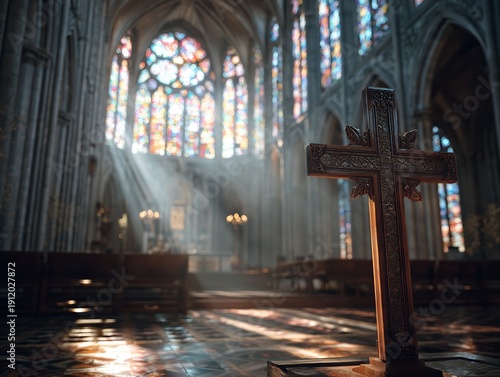 A large wooden cross stands in the center of a beautiful cathedral with stained glass windows