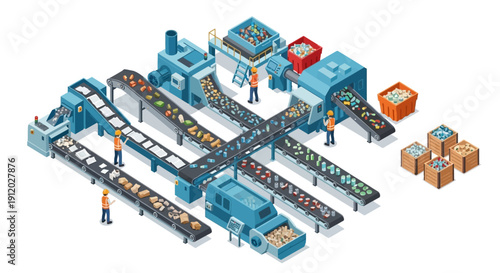 Isometric illustration of a modern recycling plant with conveyor belts sorting waste into different bins.