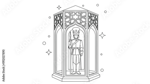 Intricate black and white line drawing of a toy soldier standing inside an ornate glass display case with stars.