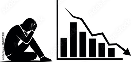 Depressed person sitting next to a declining graph