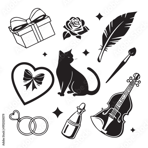 Elegant wedding and love icons set featuring cat silhouette violin gift box rings and heart shaped box for romantic celebration design elements on white background with star sparkles