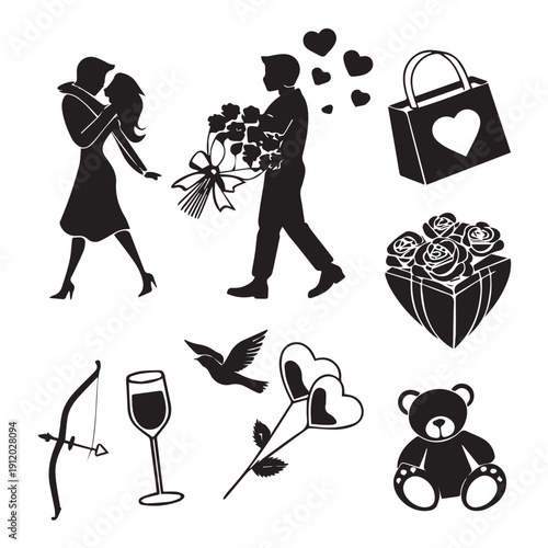 Love and romance silhouettes collection with hugging couple man walking with bouquet shopping bag with heart teddy bear cupid bow wine glass and heart flowers for valentine designs