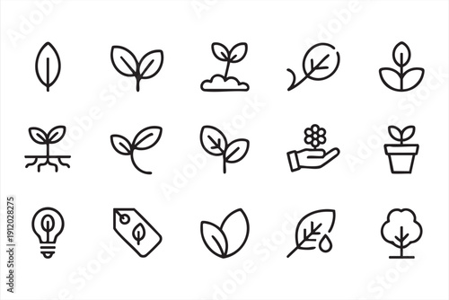 Green nature outline icons with leaves and plants