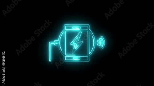 Glowing Neon Wireless Charger Icon Isolated on Black Background. HD Video Motion Graphic Animation