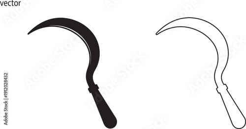 Sickle vector icon, solid black vector and one  line act , Sickle logo, Grass sickle icon silhouette, 
Traditional farming hand tool evector on white background Formats Included EPS

