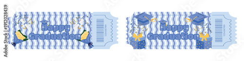 Happy Graduation party ticket set with mortarboard caps gifts confetti bouquets and diplomas