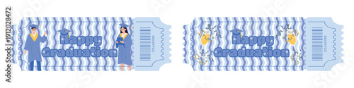 Happy Graduation event ticket set with students in academic gowns and mortarboard caps holding diplomas champagne gifts and confetti